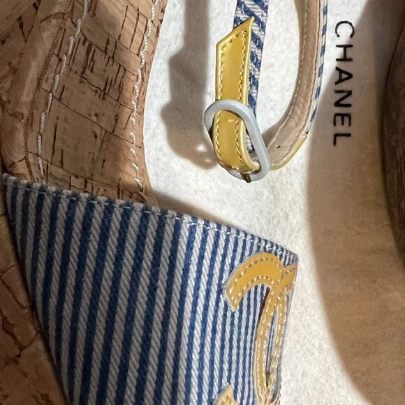 CHANEL Resort Cork Wedges Blue Striped Yellow CC Ankle Strap Shoes 36 6 - Picture 7 of 16